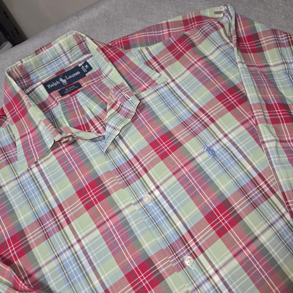 Polo Ralph Lauren Blake Mens Medium Plaid Button‎ Down Shirt Red Green  Cotton